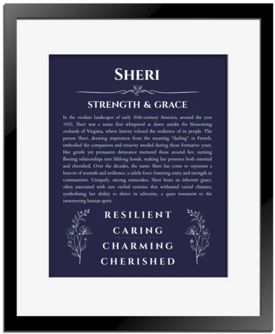 Sheri personalized wall art with the story of your name in navy blue with black matte frame