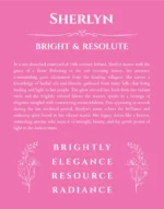 Sherlyn name origin print with meaning and traits in pink