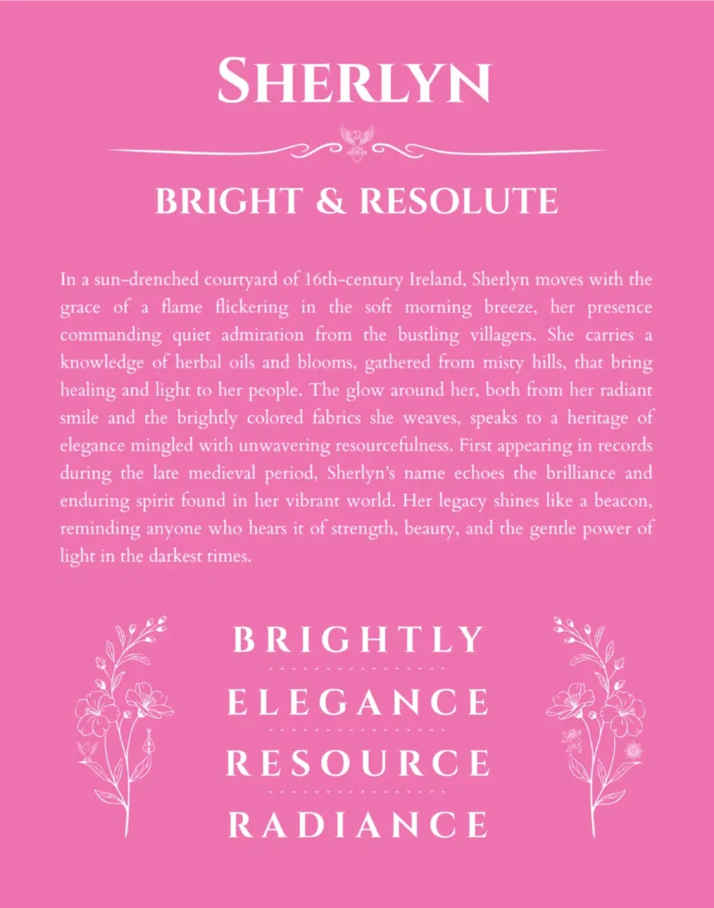Sherlyn name origin print with meaning and traits in pink