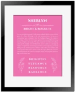 Sherlyn name origin print with meaning and traits in pink with black matte frame