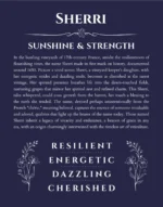 Sherri name origin print with meaning and traits in navy blue