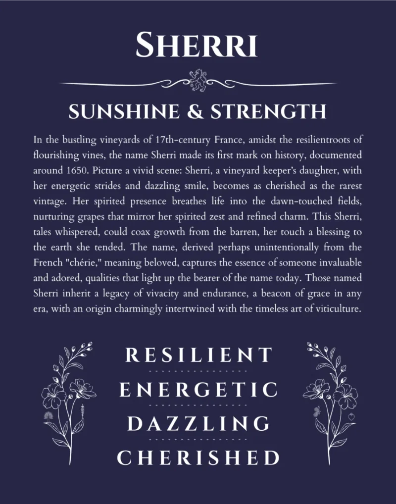 Sherri name origin print with meaning and traits in navy blue
