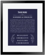 Sherri name origin print with meaning and traits in navy blue with black matte frame