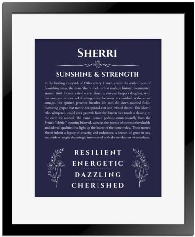 Sherri name origin print with meaning and traits in navy blue with black matte frame