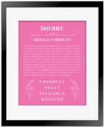 Sherry personalized wall art with the story of your name in pink with black matte frame