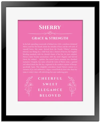 Sherry personalized wall art with the story of your name in pink with black matte frame