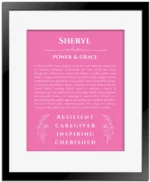 Sheryl custom name art showing meaning and origin in pink with black matte frame