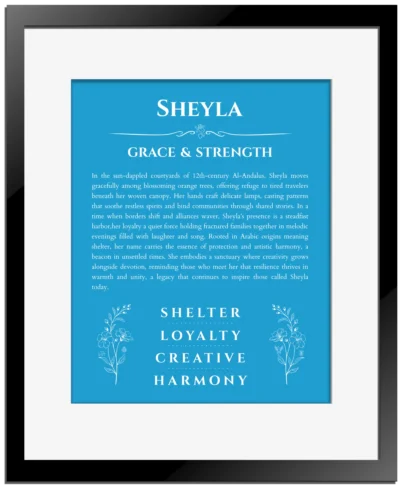 Sheyla personalized name meaning print in blue with black matte frame