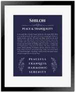 Shiloh personalized wall art with the story of your name in navy blue with black matte frame