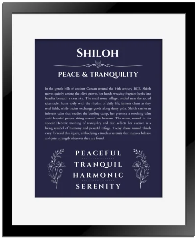Shiloh personalized wall art with the story of your name in navy blue with black matte frame