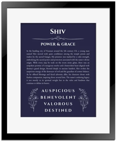 Shiv name meaning wall art by Get Your Story in navy blue with black matte frame