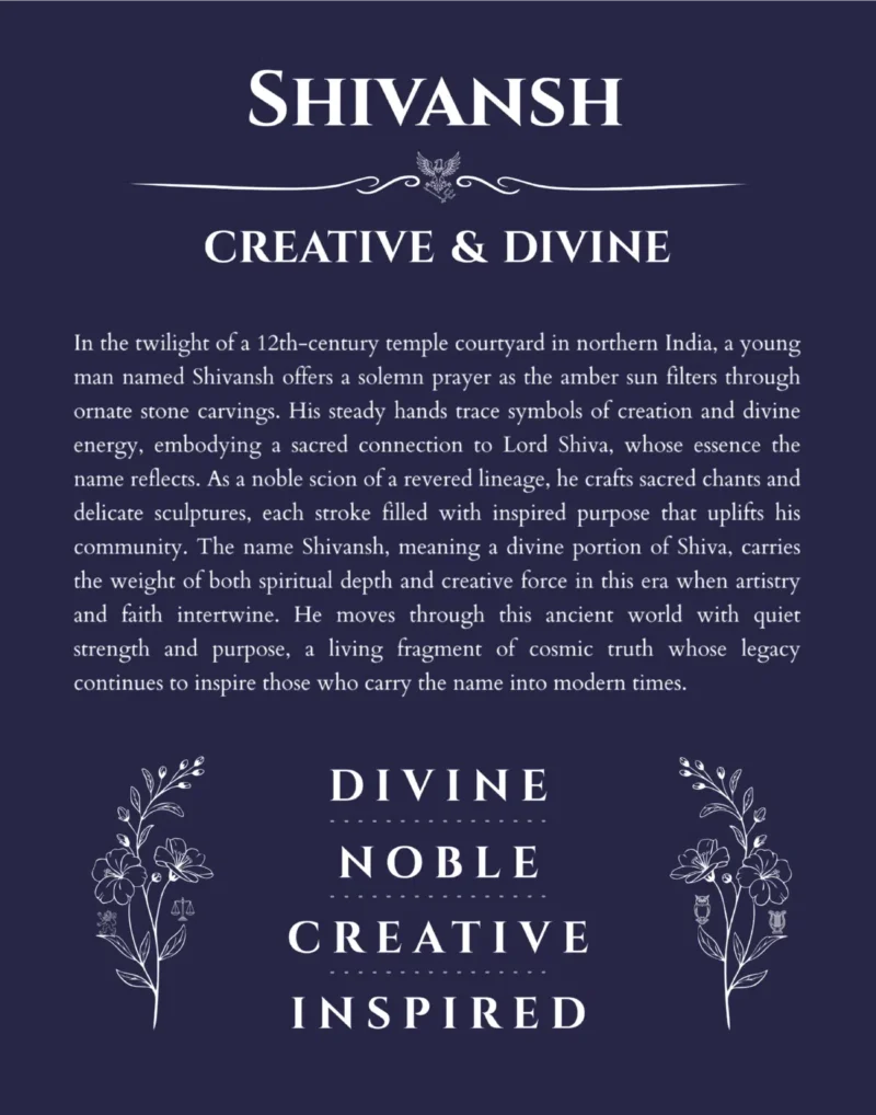 Shivansh name origin print with meaning and traits in navy blue