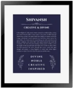 Shivansh name origin print with meaning and traits in navy blue with black matte frame