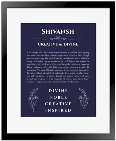 Shivansh name origin print with meaning and traits in navy blue with black matte frame