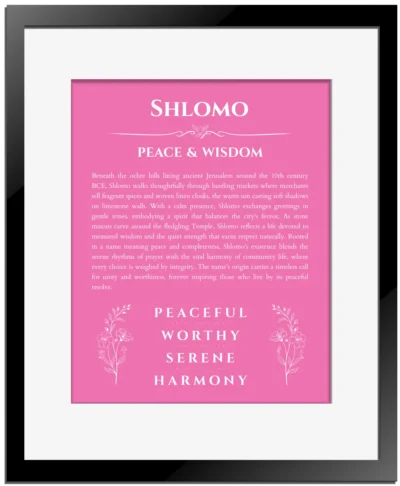 Shlomo personalized name print with origin and traits in pink with black matte frame