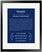 Shmiel personalized name print with origin and traits in deep blue with black matte frame
