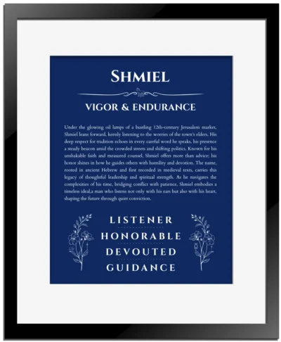 Shmiel personalized name print with origin and traits in deep blue with black matte frame