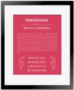 Shoshana name origin print with meaning and traits in red with black matte frame
