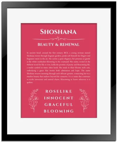 Shoshana name origin print with meaning and traits in red with black matte frame