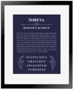 Shreya personalized name meaning print in navy blue with black matte frame