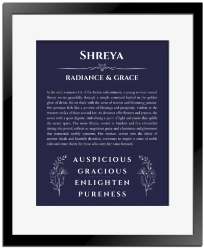 Shreya personalized name meaning print in navy blue with black matte frame