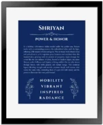 Shriyan name meaning gift print in deep blue with black matte frame