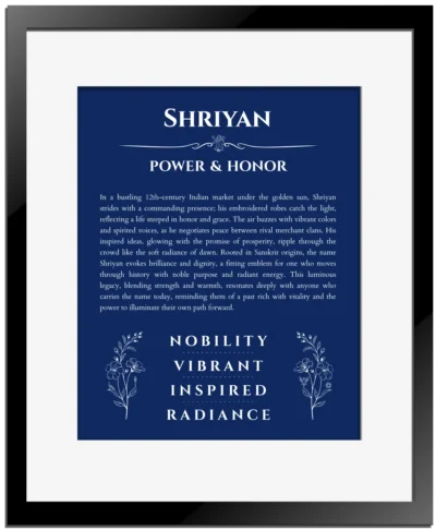 Shriyan name meaning gift print in deep blue with black matte frame