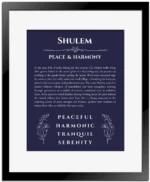 Shulem personalized wall art with the story of your name in navy blue with black matte frame