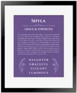 Shyla custom name meaning print in purple with black matte frame