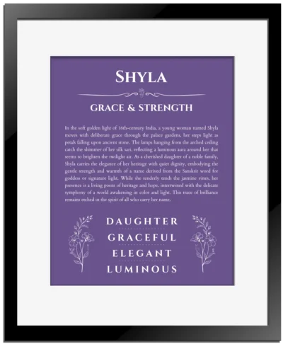 Shyla custom name meaning print in purple with black matte frame