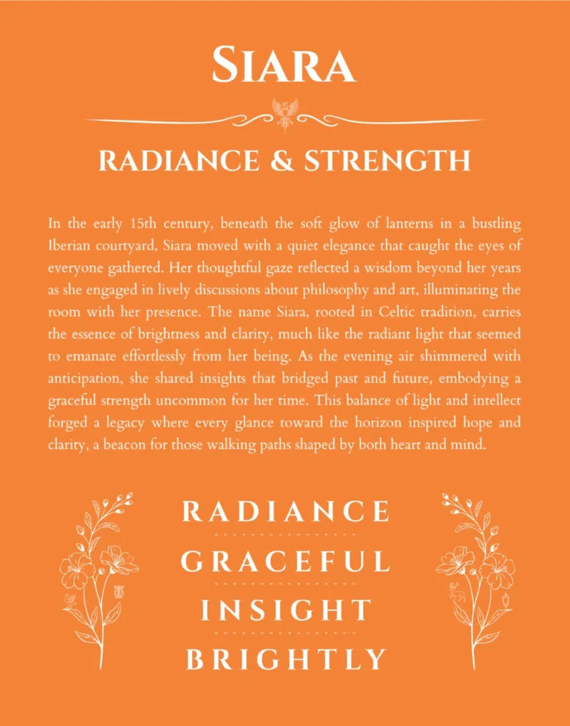 Siara name origin print with meaning and traits in orange