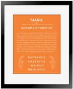 Siara name origin print with meaning and traits in orange with black matte frame