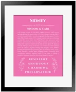 Sidney name meaning wall art by Get Your Story in pink with black matte frame