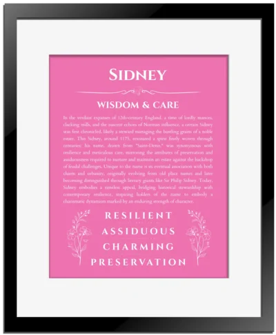 Sidney name meaning wall art by Get Your Story in pink with black matte frame