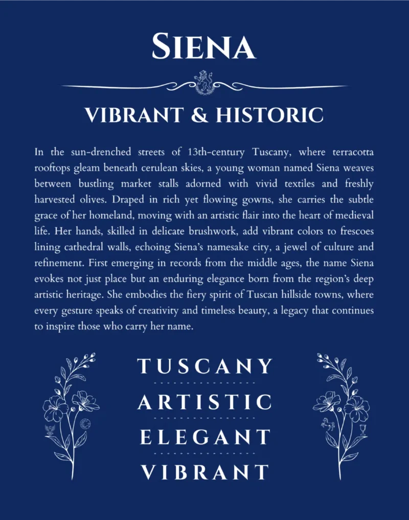 Siena name origin print with meaning and traits in deep blue