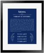 Siena name origin print with meaning and traits in deep blue with black matte frame