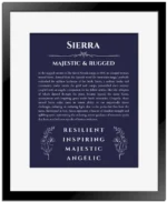 Sierra custom name meaning print in navy blue with black matte frame