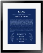 Silas name meaning wall art by Get Your Story in deep blue with black matte frame