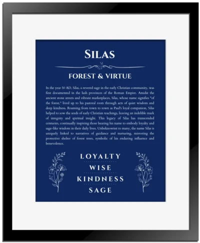 Silas name meaning wall art by Get Your Story in deep blue with black matte frame