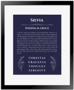 Silvia custom name print for wall display in navy blue with black matte frame