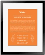 Sima custom name art showing meaning and origin in orange with black matte frame