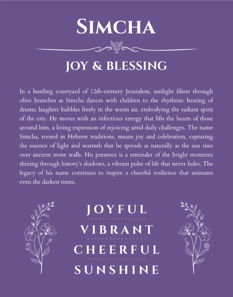 Simcha name origin print with meaning and traits in purple