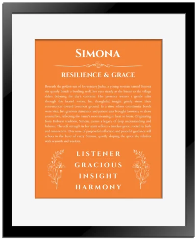Simona name meaning wall art by Get Your Story in orange with black matte frame