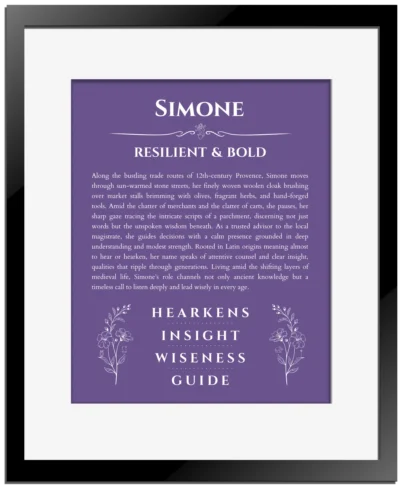 Simone personalized name meaning print in purple with black matte frame