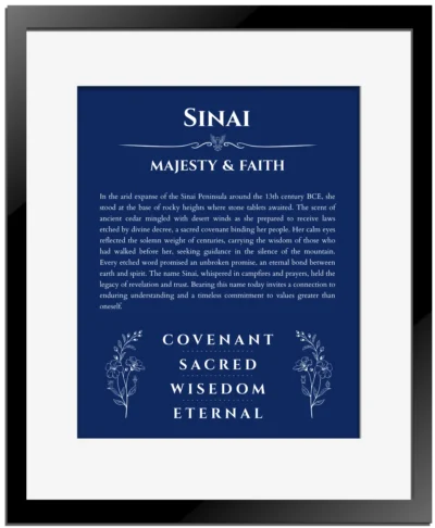 Sinai personalized wall art with the story of your name in deep blue with black matte frame