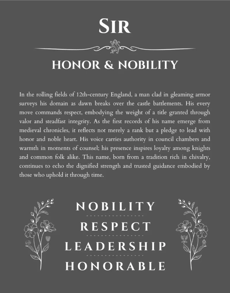 Sir name origin print with meaning and traits in gray