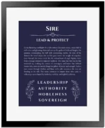 Sire personalized name meaning print in navy blue with black matte frame