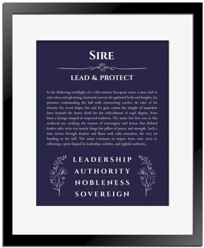 Sire personalized name meaning print in navy blue with black matte frame