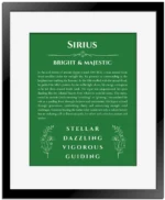 Sirius personalized name art with origin story in dark green with black matte frame