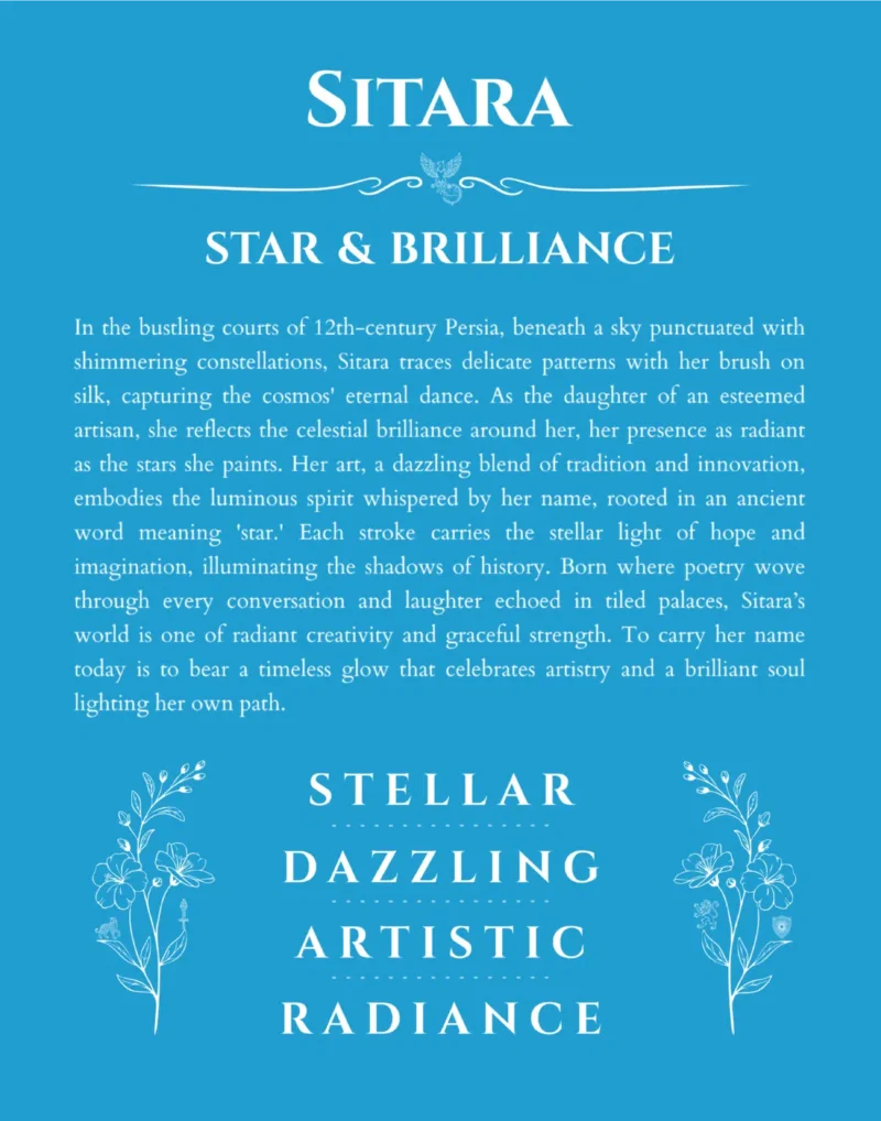 Sitara personalized name print with origin and traits in blue